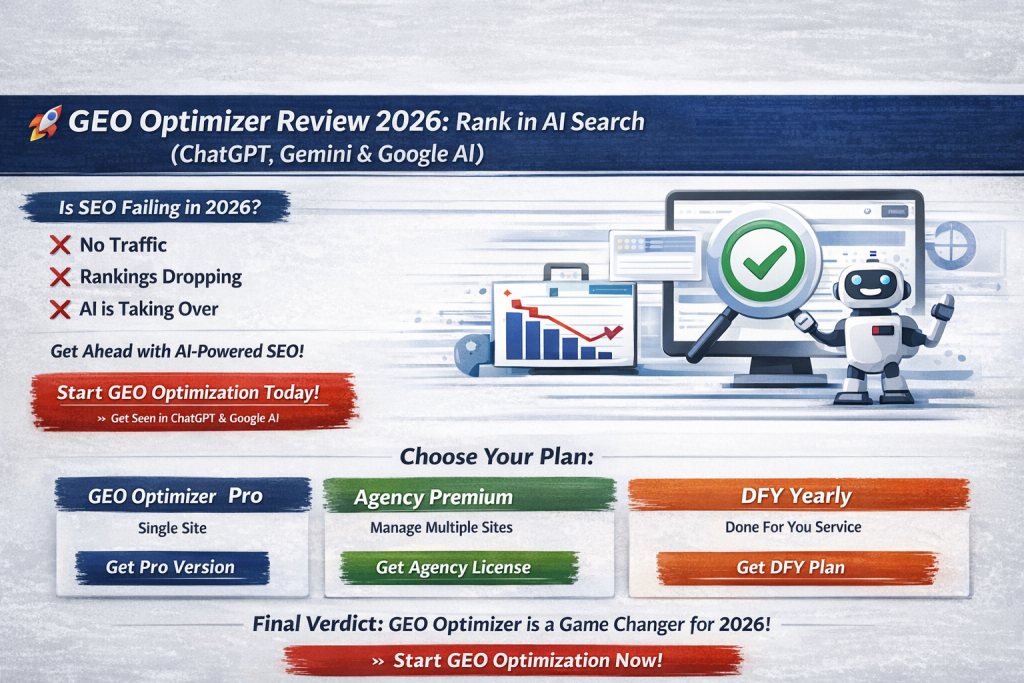 GEO Optimizer Review 2026 AI search optimization infographic for ChatGPT, Google Gemini, and Perplexity AI ranking